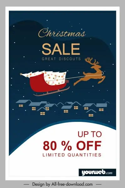 christmas sale banner sleighing reindeer dark night sketch