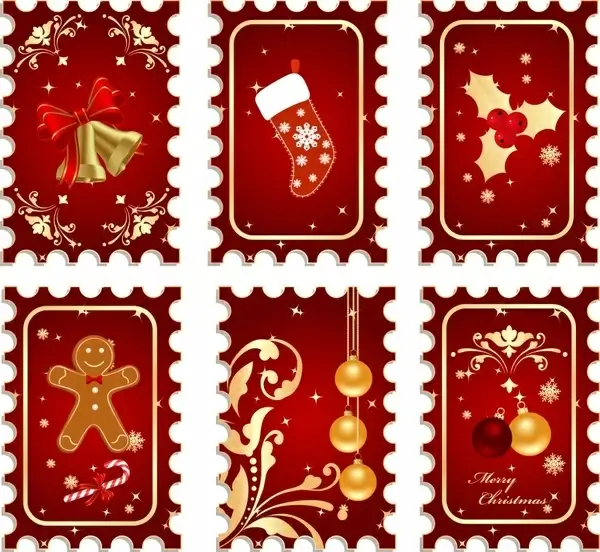 christmas stamps templates red design baubles icons decor