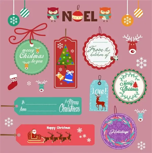 christmas tags isolation with with various colored icons