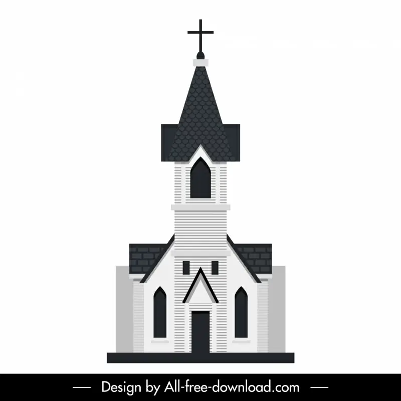 church sign icon black white flat european style sketch