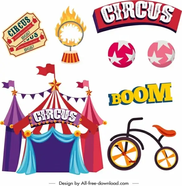 circus design elements colored classical icons sketch