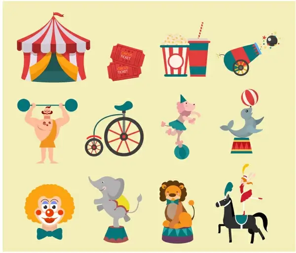 circus design elements with flat colored style illustration