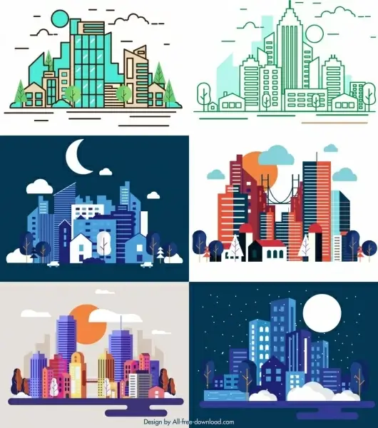 city background templates skyscrapers icon colorful modern sketch