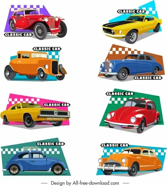 classic cars templates collection colorful 3d flat sketch