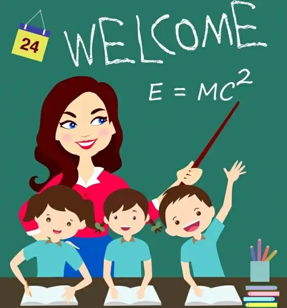 classroom background teacher pupil blackboard icons colored cartoon