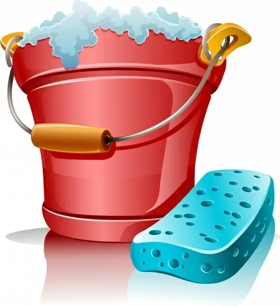 cleaning utensils icons shiny colored 3d bucket foam