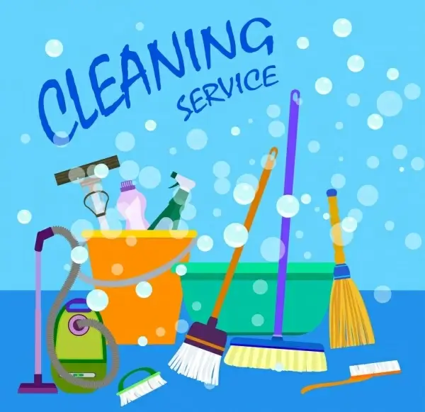 cleaning service advertisement various colored tools decoration