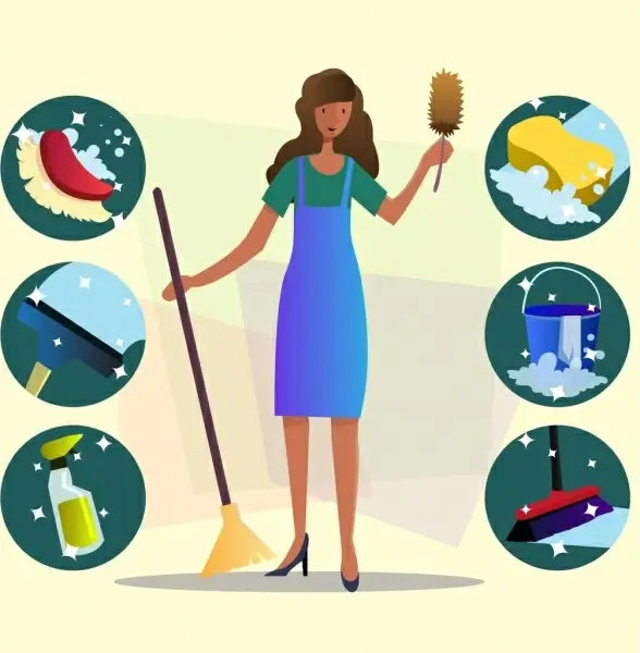 cleaning service design elements woman tools icons decor