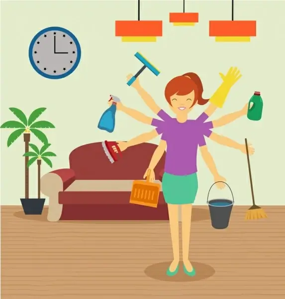 cleaning work background female icons multitasking style
