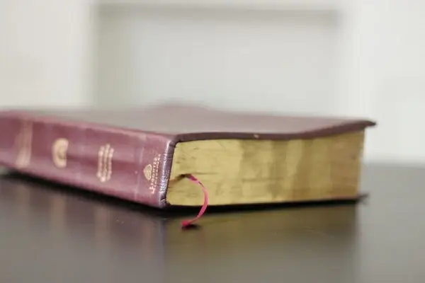 closed leather bible on table
