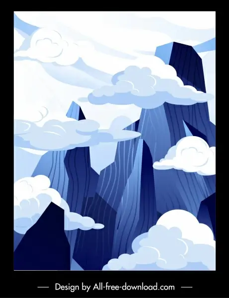 cloudy mountain peak scene painting bright classical design