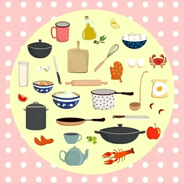 cocking design elements various kitchenware objects circle isolation