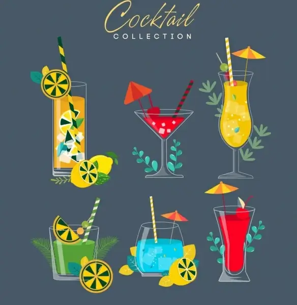 cocktail advertising banner beverage glass icons multicolored decor
