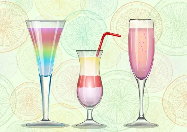 cocktail advertising wineglass icons fruit slices backdrop