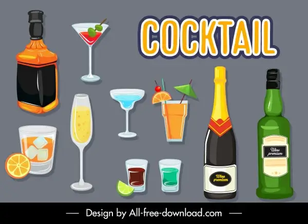 cocktail beverages icons bottles glasses cups sketch
