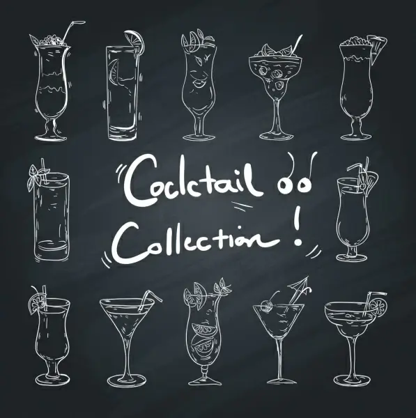 cocktail glass icons collection black white handdrawn design