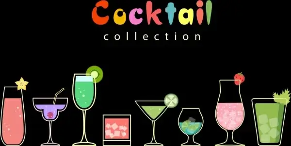 cocktail glass icons collection flat sketch