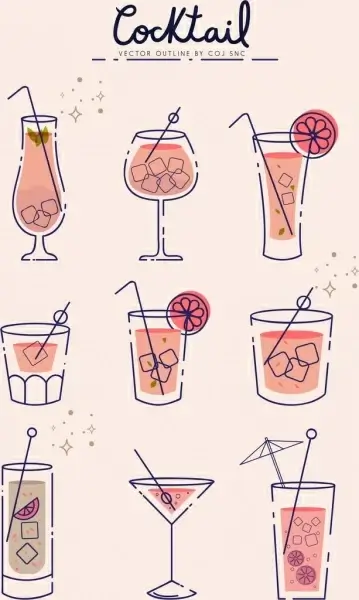 cocktail glass icons collection handdrawn outline