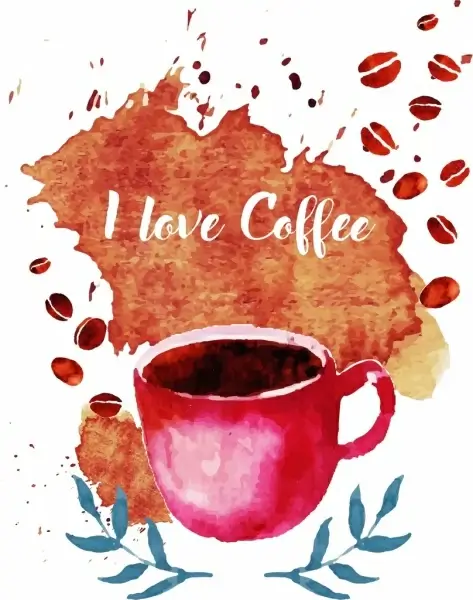 coffee advertising grunge watercolor design cup nuts icons