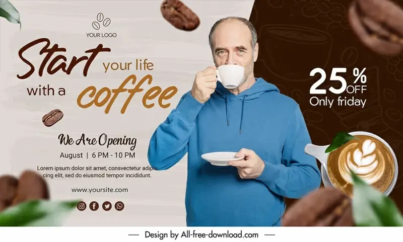 coffee banner discount template realistic man drinking