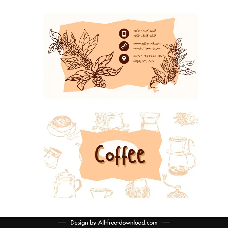 coffee business card template classical handdrawn cafe elements