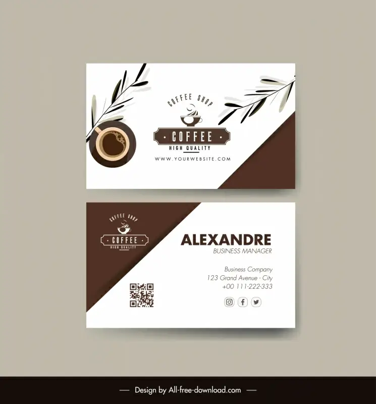 coffee business card template elegant flat cup leaves decor