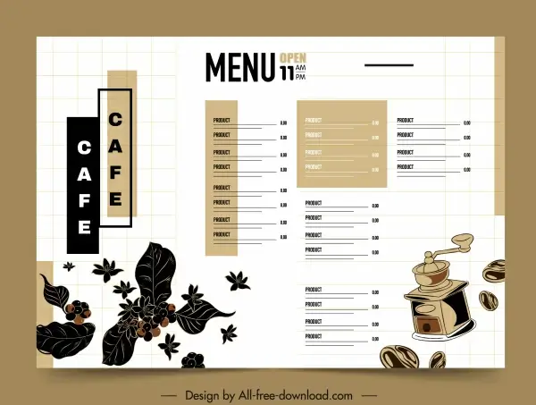coffee menu template bright design beans leaves sketch