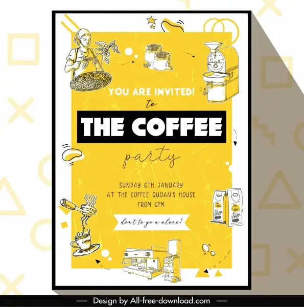 coffee party flyer retro handdrawn sketch