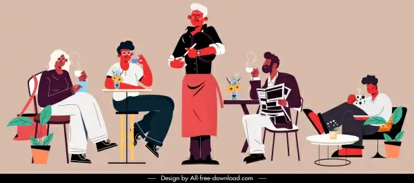coffee restaurant icons waiter customers sketch cartoon characters