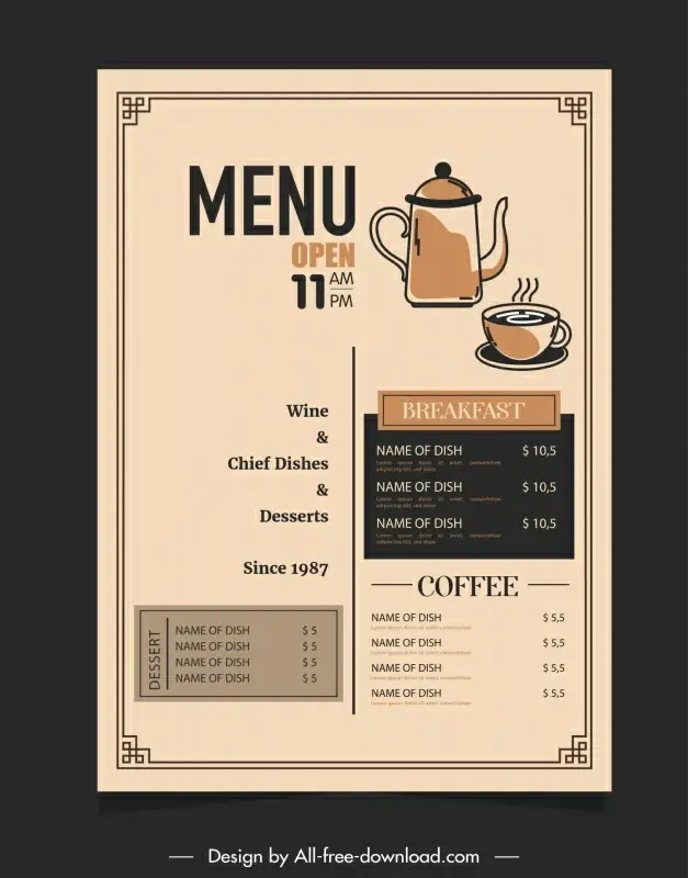 coffee shop menu template flat retro cup pot