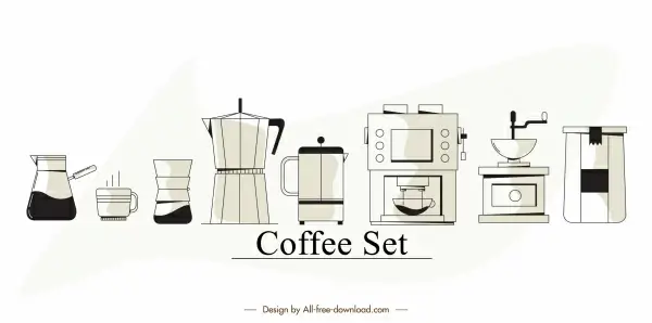 coffee tools elements classic flat sketch