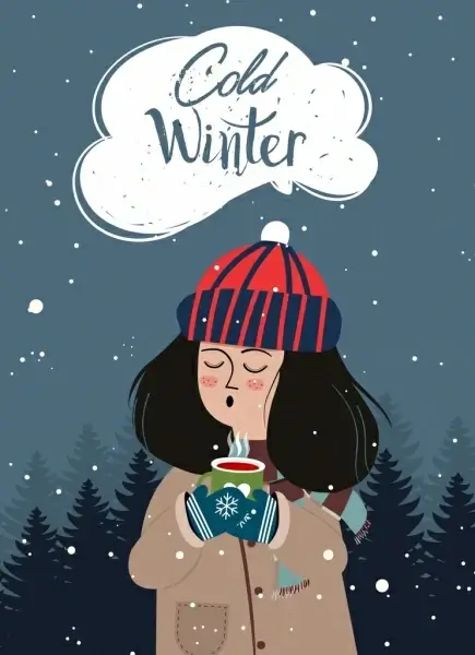 cold winter drawing girl icon colored cartoon