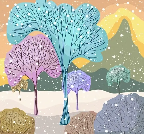 cold winter drawing leafless trees colorful flat decor