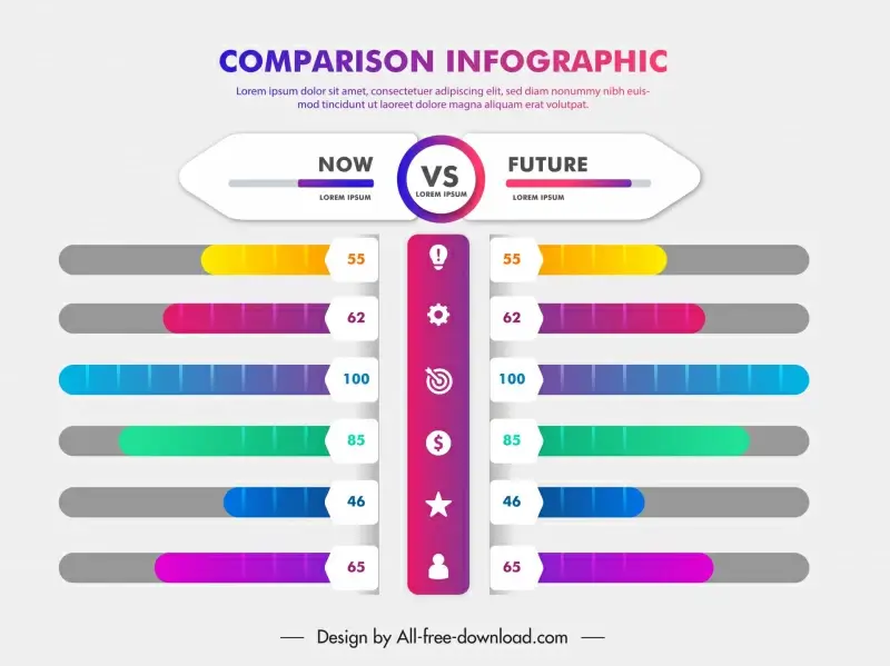 comparison infographics template modern elegant colorful horizontal flat bars