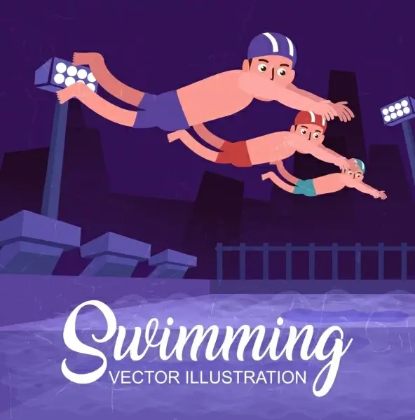 competitive sport background swimmer icons colored cartoon