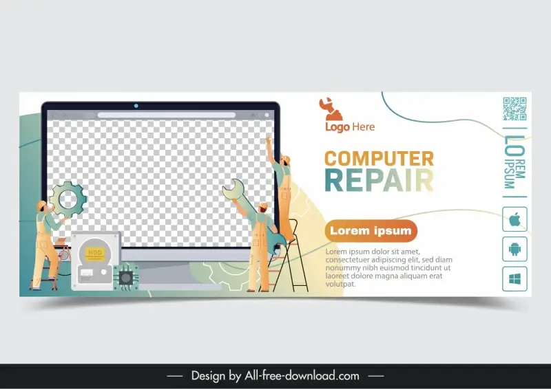 computer repair banner template flat dynamic workers computing elements  