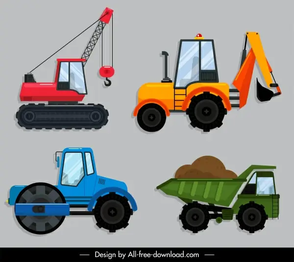 construction vehicles icons colored modern flat sketch