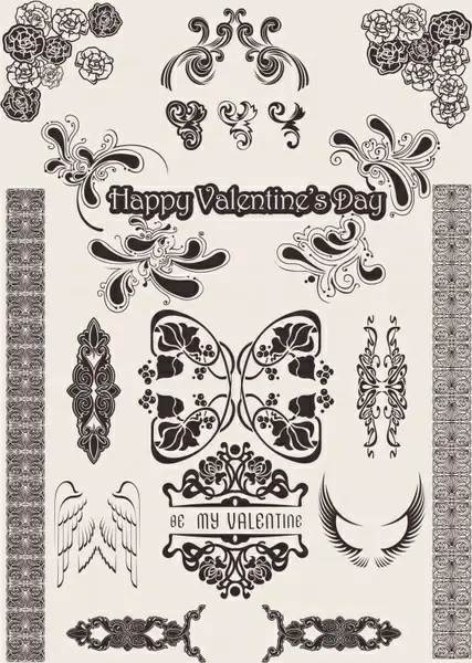 valentine decor elements retro flora wings shapes sketch