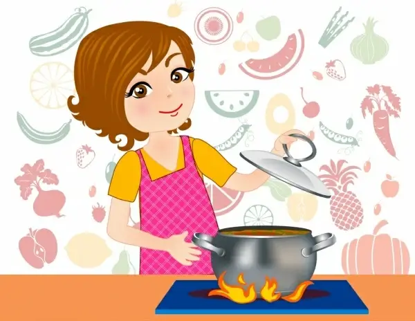 cooking background female cook icon vignette ingredients backdrop