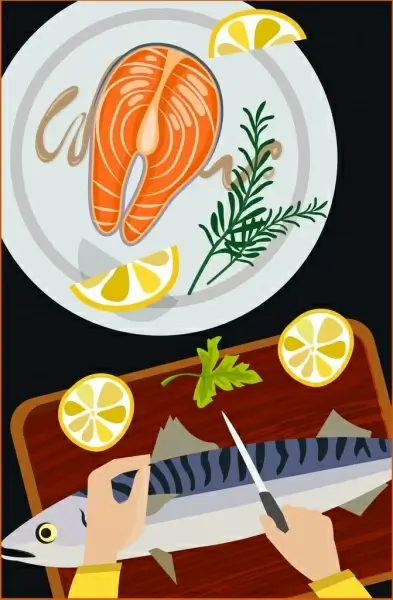 cooking background fish cuisine icons multicolored design