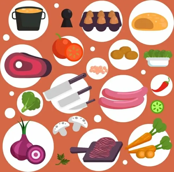 cooking background food utensils icons circles isolation