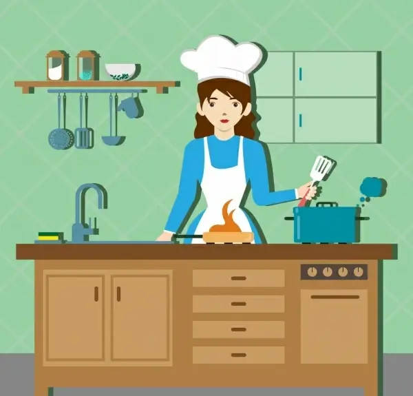 cooking preparation drawing housewife kitchenware icons decor
