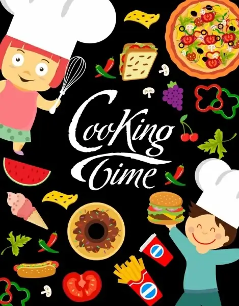 cooking time banner kids various food icons decor