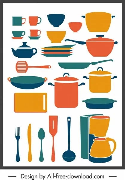 cooking utensils icons colorful classical sketch