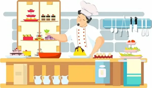 cooking work background chef kitchen icons cartoon character