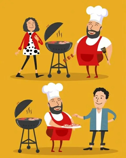 cooking work background cook barbecue icons colored cartoon