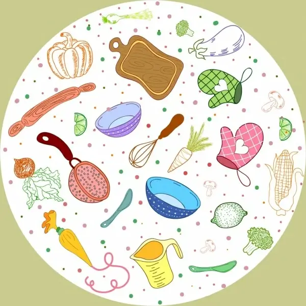 cooking work background utensils vegetables icons circle layout