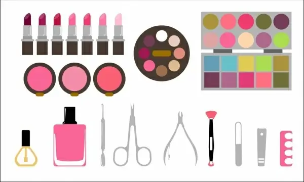 cosmetic accessories sets various colored types flat style