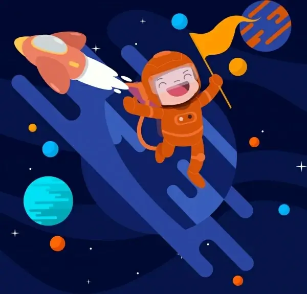 cosmos background spaceship planets astronaut icons cartoon design