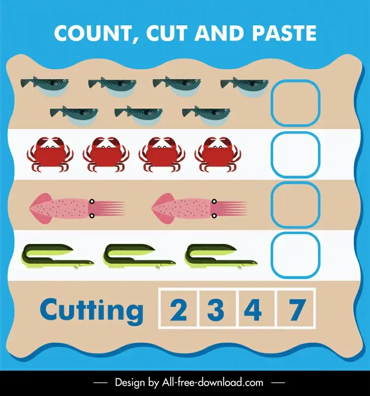 count cut and paste educational template flat marine species numbers sketch